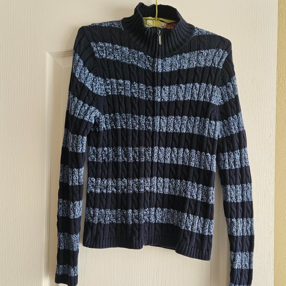 LLBean Heavyweight Cotton Zip Cardigan Navy and Light Blue Stripe Size Small